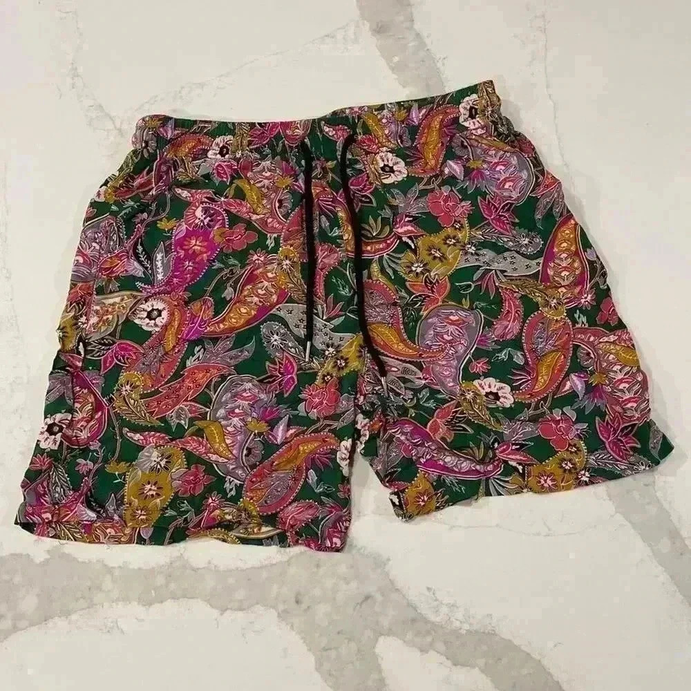 Coofandy Forest Green Pink Floral Paisley Print Flowy Shorts Women’s Size Medium